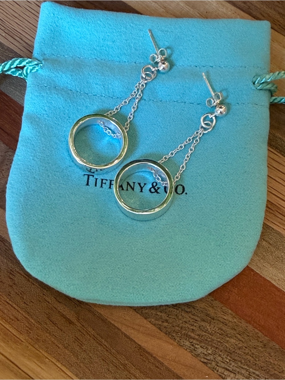 Tiffany & Co. Silver Double Chain Circle Drop Earrings in Blue